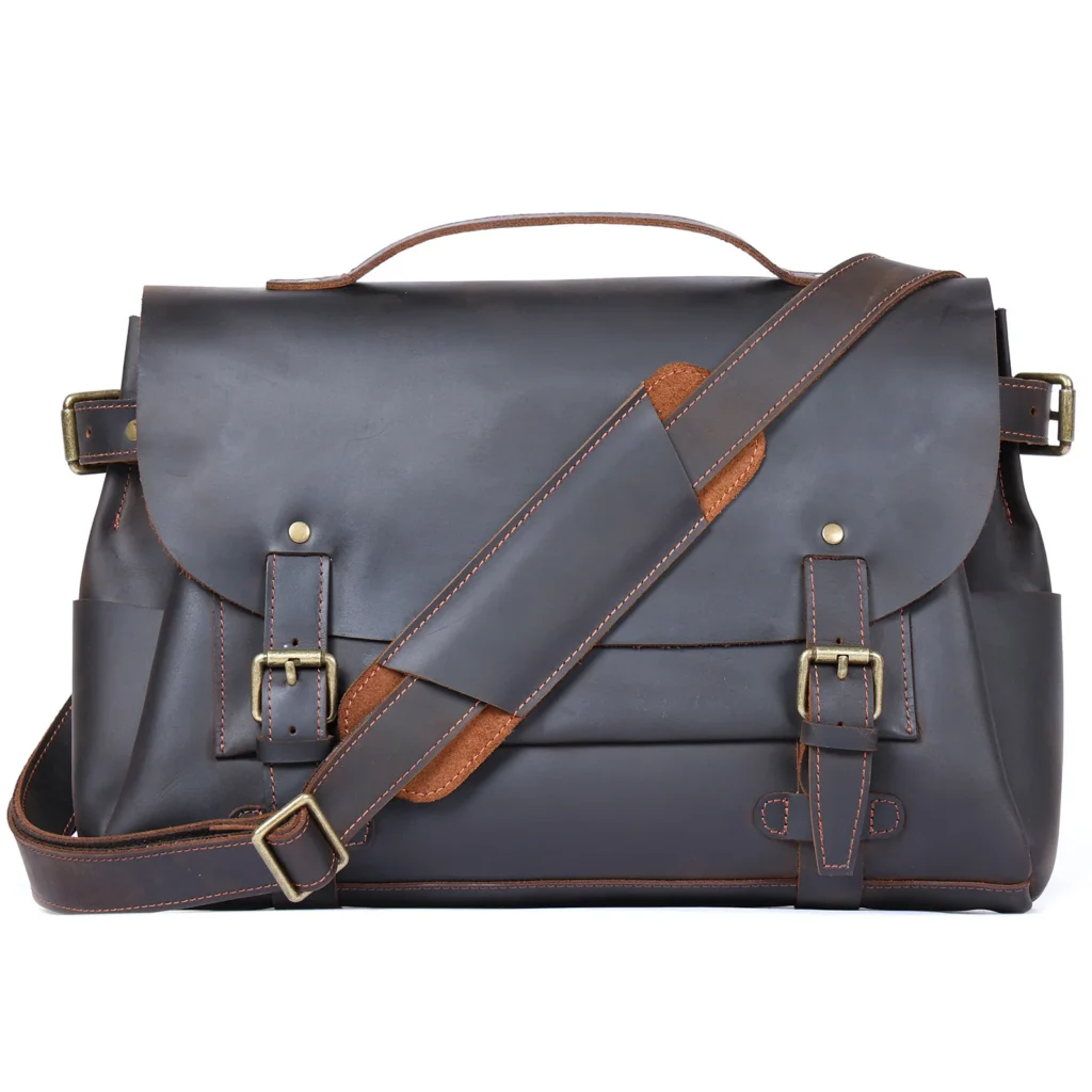 S.WORKE Vintage Genuine Leather Brifecase Men's Shoulder Bags Handbag Crazy-horse Cowhide Leather School Laptop Bag Retro