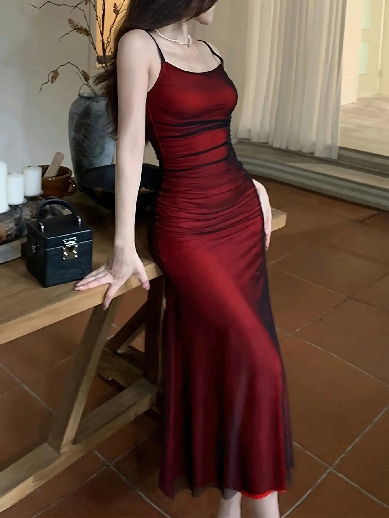 2025 Summer Women's Dress Red Pasta with Straps Pleated Strappy Dress Slim and Elegant Party Dress Long