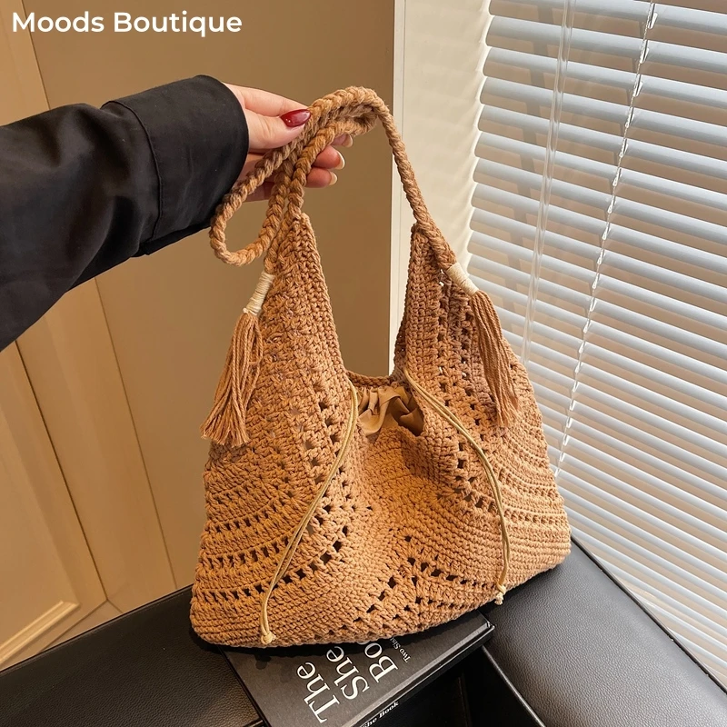 Crochet 2-IN-1 Shoulder Bag Set For Women Raffia Boho Rattan Summer Beach Vacation Tote Bags Knitted Design Handbags Female 2025