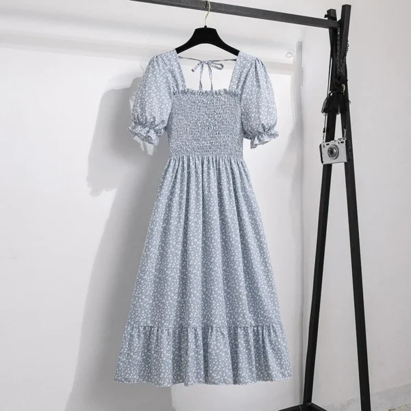 Spring Summer Chiffon Dresses Fashion Female Elastic Waist Short Sleeve Pleated Casual Dress Women A-line Dresses Vestidos - Image 4