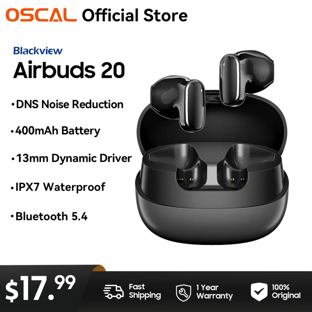 OSCAL Blackview Airbuds 20, Bluetooth 5.4 Earphone, IPX7 waterproof Headset with Touch Control Microphone, 400mAh Battery
