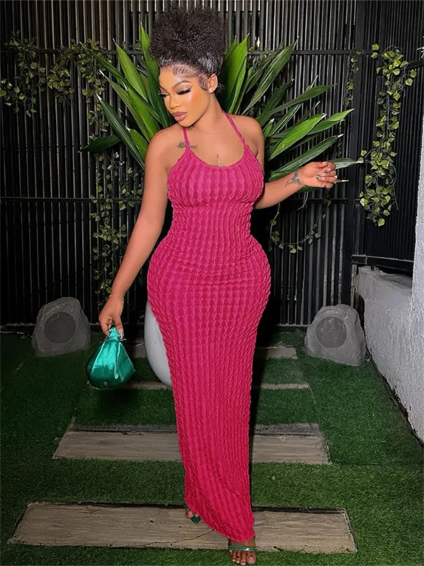 Kliou Solid Ruched Spaghetti Strap Bandage Maxi Dress Women Casual Sleeveless Backless Bodycon Ladies Party Streetwear Dresses - Image 5