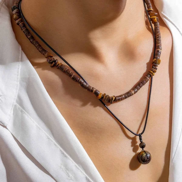 2Pcs/Set Bohemian Round Natural Stone Pendant Necklace for Men Vintage Ethnic Wood Bead Chokers Male Fashion Jewelry Accessories - Image 2