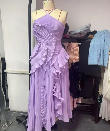 Pleated Halter Neck Maxi Dress: Purple Strapless Lotus Edge Vacation Gown 15 kf S77d694b113fb4d3e87855fca95fd24a5s