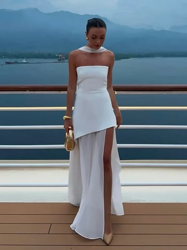 White Mesh Scarf Neck Strapless Long Dress Fashion Off Shoulder Sleeveless High Waist Slim Split Robe Lady Party Beach Gown 2025 - Image 3