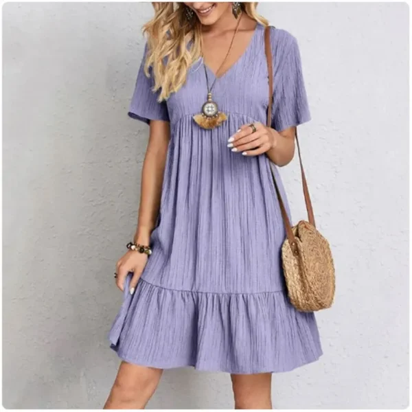 Women Summer Peplum Dresses Spring V-Neck Short Sleeve Loose Waist Ruffle Fit Flare Vocation Dresses - Image 3