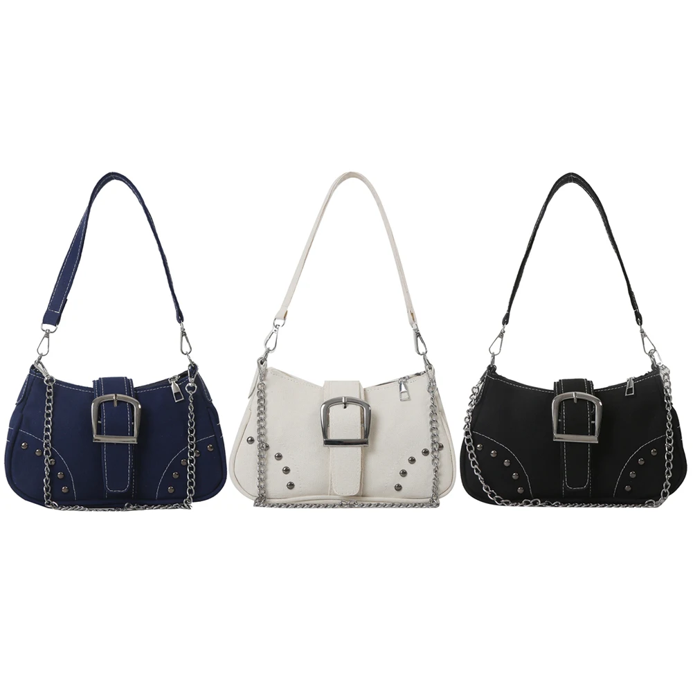 Women Vintage Rivet Bag Y2K Fashion Underarm Bag Canvas Casual Armpit Bag Zipper Closure Versatile Dating Bag