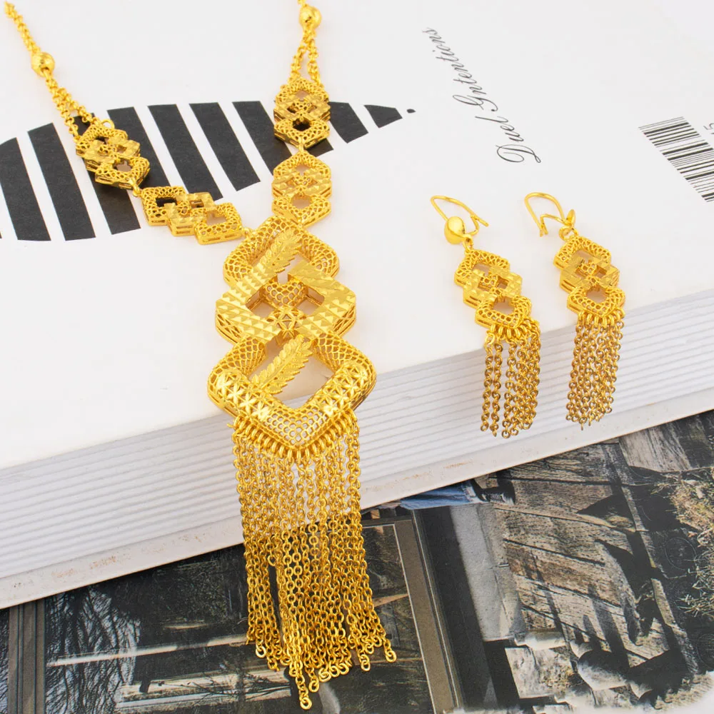 24K Gold Plated Indian Bridal Set: Long Pendant Earrings (African/Dubai) 11 kf S7c6756a8c2be4c2288977e56b7af208eQ