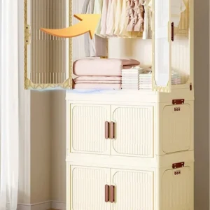-Multi-Layer Folding Storage Cabinet with Wheels Double Door Wardrobe Closet Transparent Large Capacity Organizer Bins Shelf