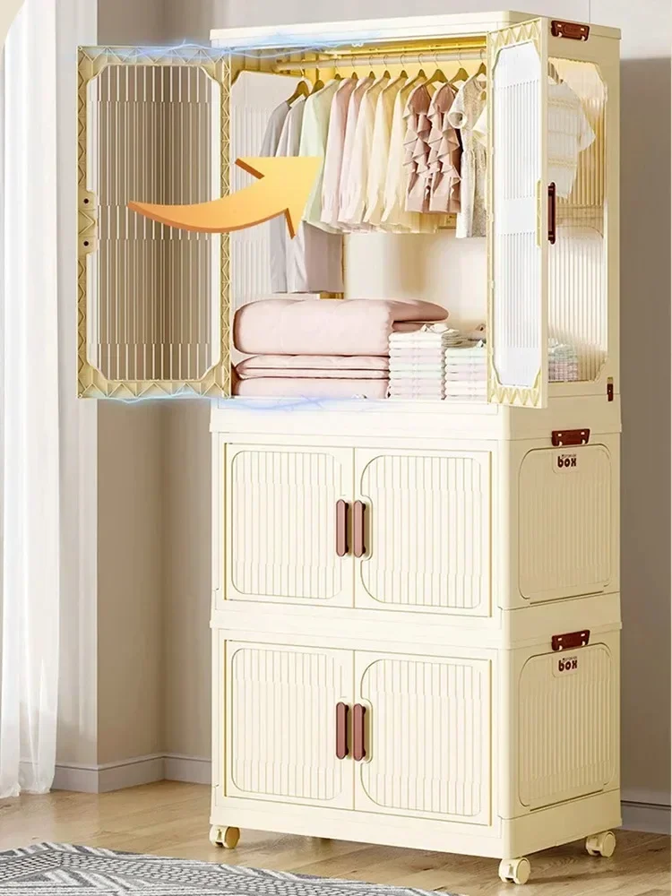-Multi-Layer Folding Storage Cabinet with Wheels Double Door Wardrobe Closet Transparent Large Capacity Organizer Bins Shelf