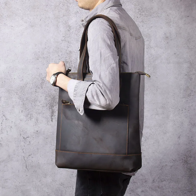 Vintage Natural Crazy Horse Cowhide Men's Handbag Simple Casual Tote Bag Genuine Leather Daily Work 14-inch Laptop Shoulder Bag