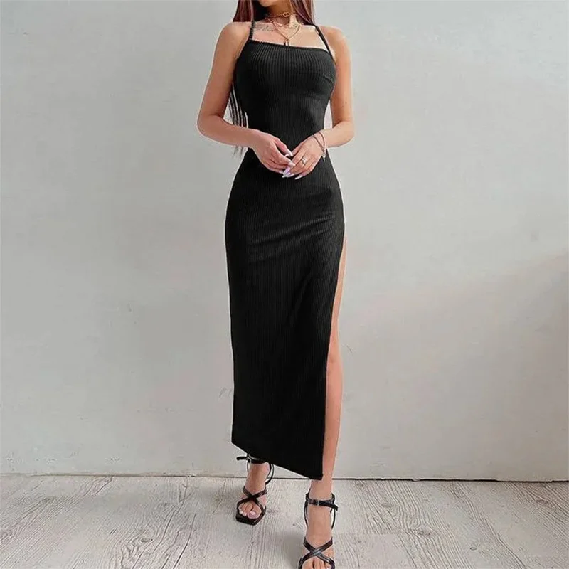 Sexy Black Long Bodycon Dress: Sleeveless Backless Halter Neck High Split 13 kf S7e84a93fdeef4695aadd0f9c39ef4d371