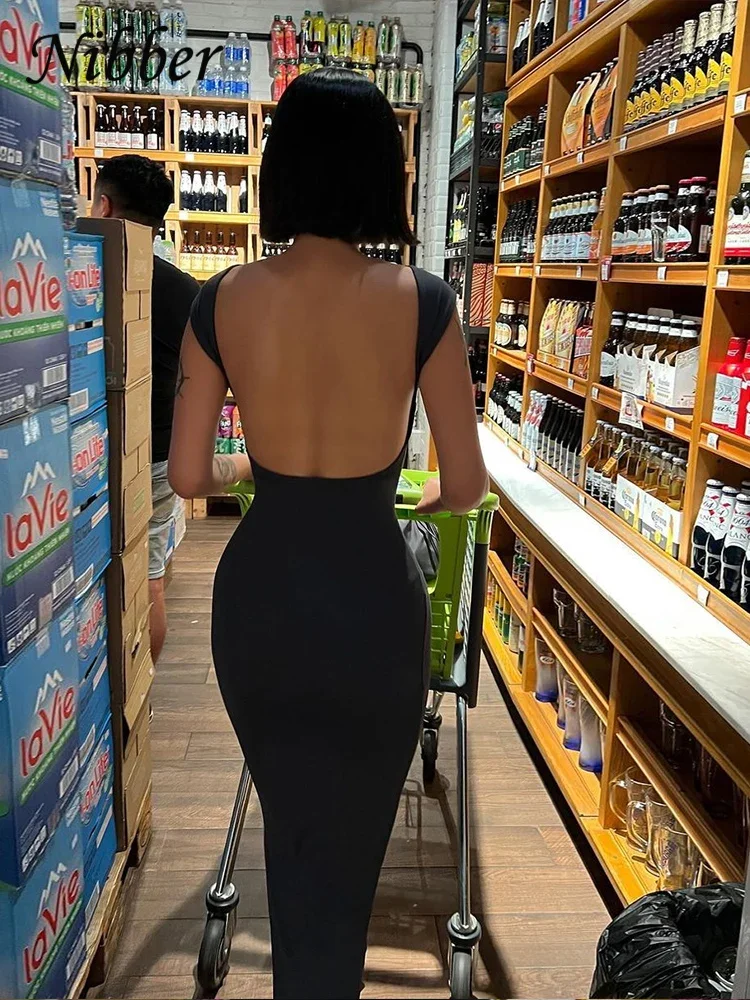 Nibber Solid Backless Maxi Dress: Elegant Slim Short Sleeve Bodycon Streetwear 11 kf S7ebe8ca1009a4d7ca59475167868ad8eq