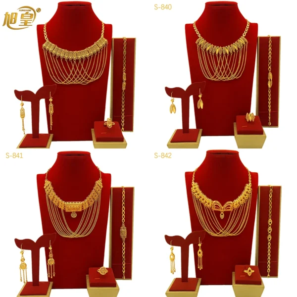 Luxury Indian Dubai 24K Gold Color Jewelry Set For Women Bridal Nigerian Tassel Necklace Bracelet Earring Ring Sets Party Gift
