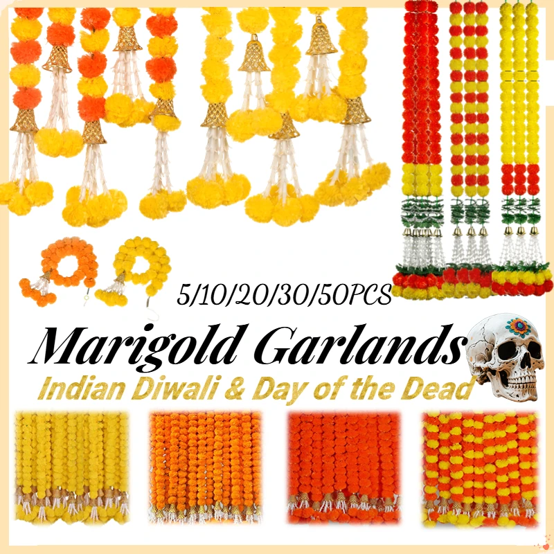 5-50PCS Marigold Flower Garlands for Decoration Artificial Flowers Indian Décor Pooja Diwali Fiesta Day of The Dead Mexican Pa