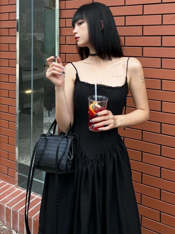 IAMSURE Casual Solid Lace Trim A-Line Long Dress Slim Slash Neck Sleeveless Maxi Dresses For Women 2023 Summer Fashion Ladies - Image 4