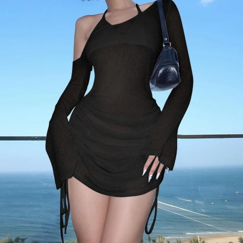 Dulzura Skew Collar Ruched Mini Dress: See-Through Drawstring Clubwear 12 kf S894049fc7efe4c98940c2f0f40f02cf6s