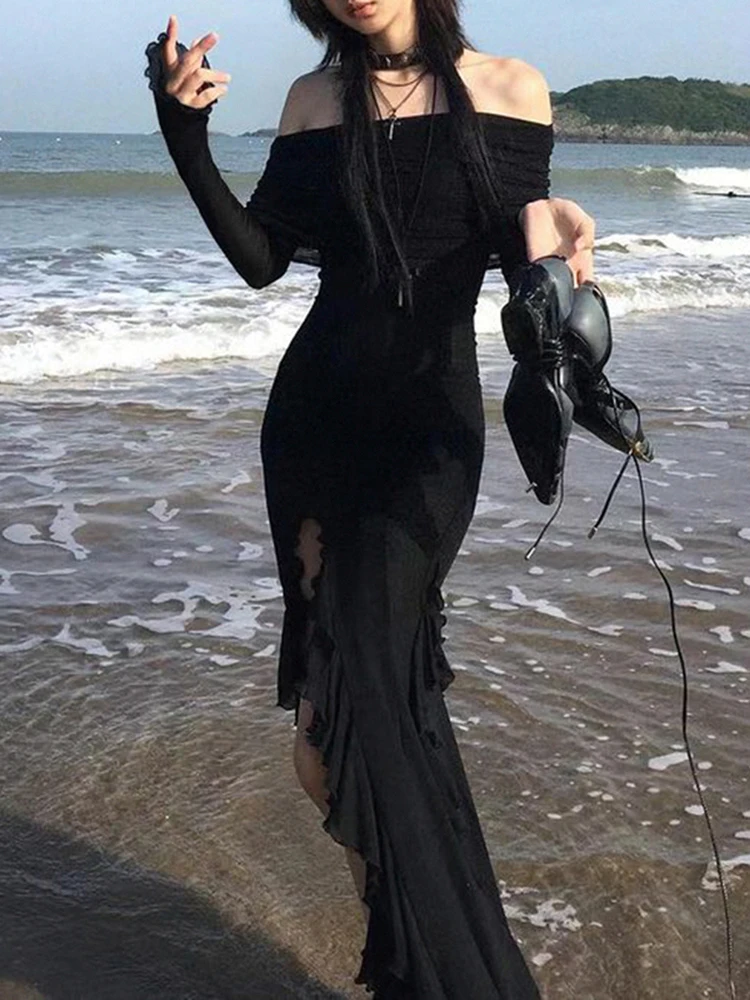IAMSURE Dark Ruffles Split Maxi Dress: Gothic Slash Neck Long Sleeve Holiday 22 kf S8992934781ee4dc5b2df83299be968e2v