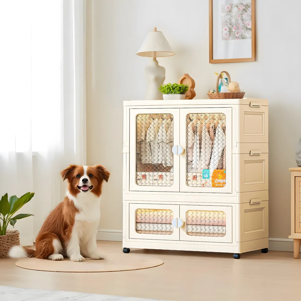 Foldable Kids Closet Storage Cabinet Stackable Storage Bins Plastic Storage Container with Doors Wheels Hanging Rods for Home