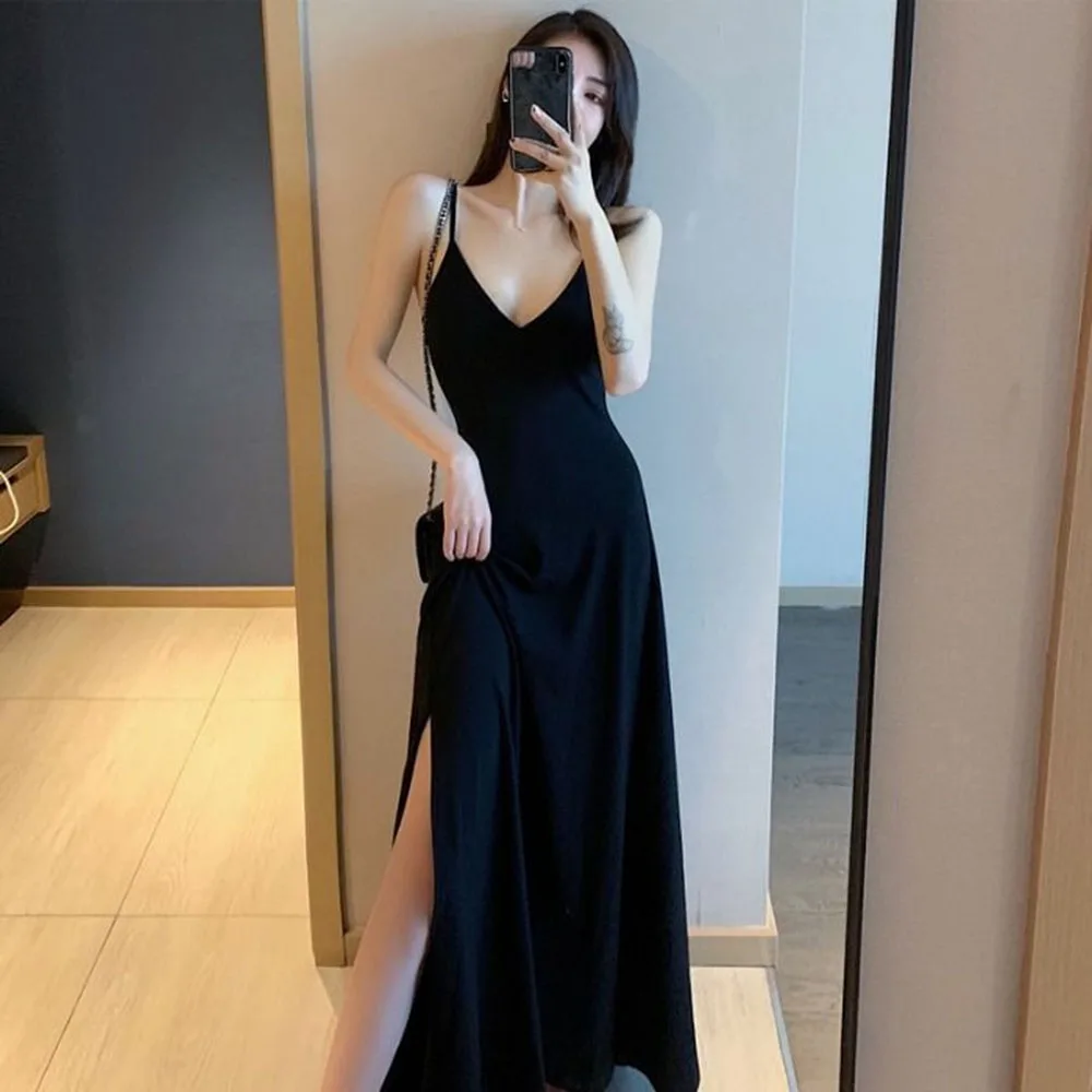 Black Sexy Dress Female High Waist Side Vent Maxi Dress Casual Sleeveless Backless V-Neck Retro Long Dress Sling