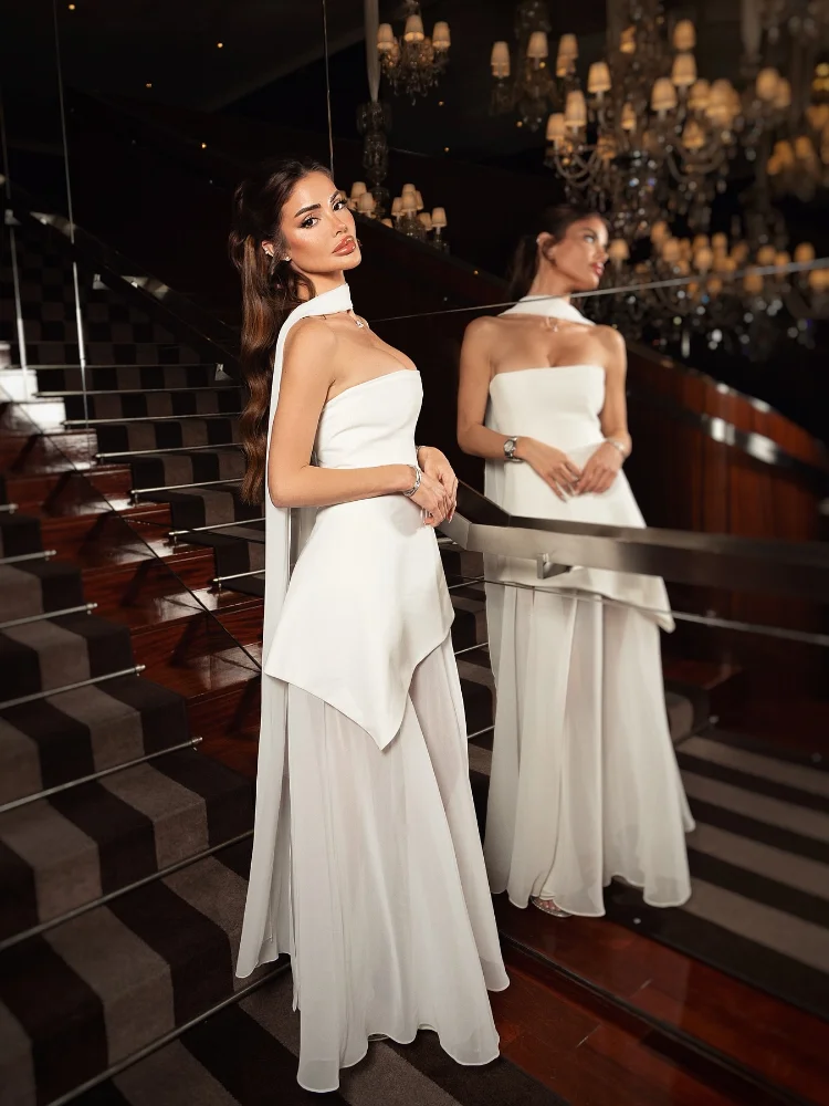 White Mesh Scarf Neck Strapless Long Dress Fashion Off Shoulder Sleeveless High Waist Slim Split Robe Lady Party Beach Gown 2025