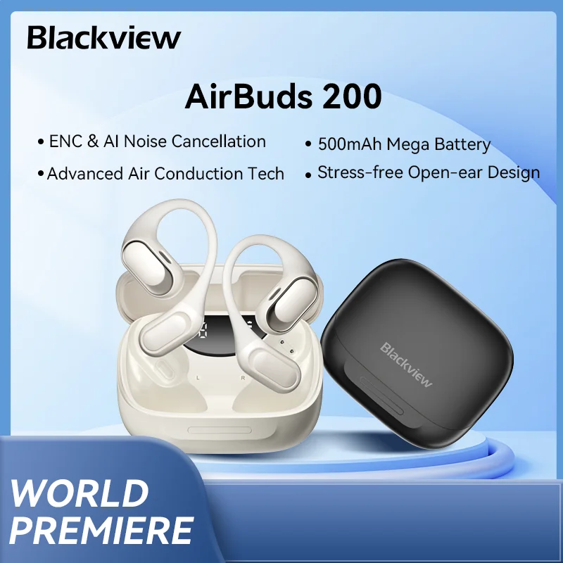 Blackview Airbuds 200 Headset, Portable Open-Ear Wireless Headphones, Touch Control, Air Conduction, Bass ENC Earphones 500mAh