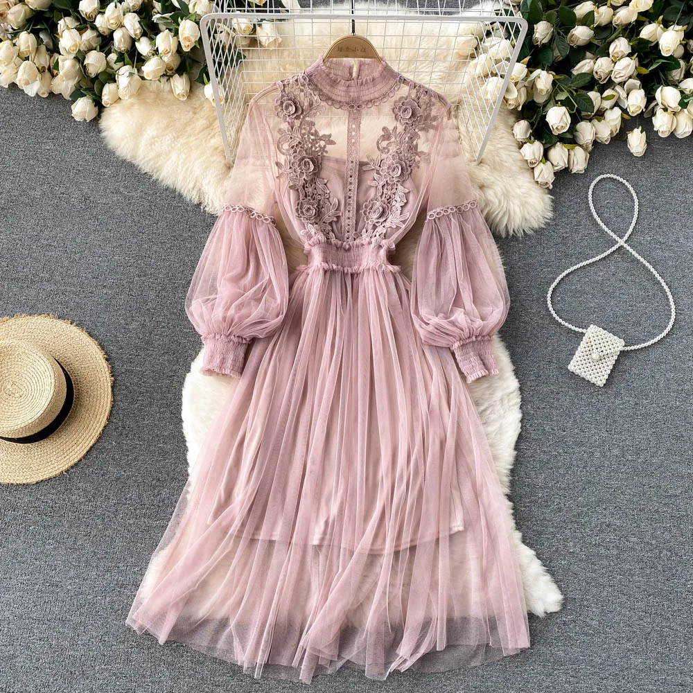 3D Flower Mesh Dress: Stand Collar Lantern Sleeve High Waist Slim Fit 8 kf S9b83f1428d9549dda8b21b0927e4d1e86