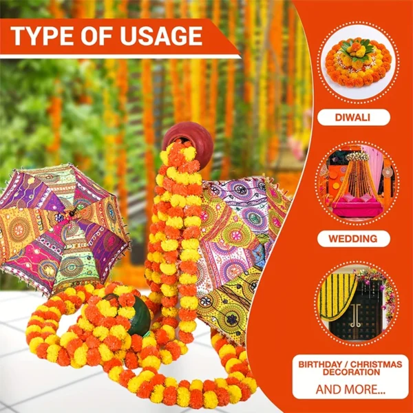 1.5m Artificial Marigold Flower Garland For Indian Diwali Pooja Mexican Day Of The Dead Party Plastic Flowers Festival Wreath - Image 4