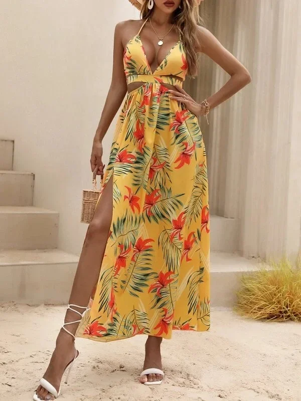 Elegant Bohemian Printed Dress: Sexy Bareback Bow Split Beach Party Wear 17 kf S9df61228834841f3a34243d1eaaa435dC