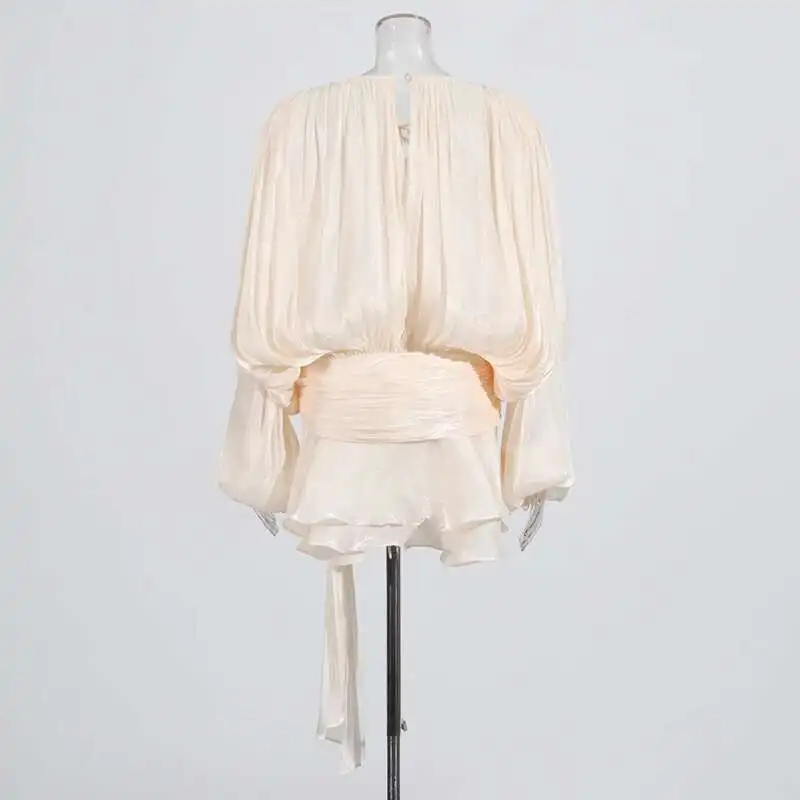 TWOTWINSTYLE Solid Mini Dress: V-Neck Long Sleeve Spliced Lace-Up Fashion 24 kf Sae0ac7aee23d4711b3f6a89f5ebcac06U