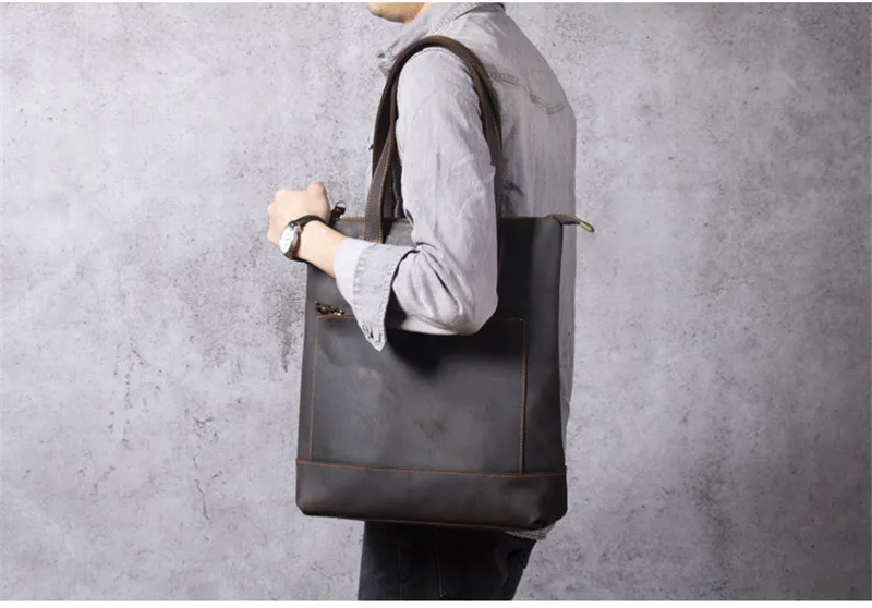Vintage Crazy Horse Cowhide Tote Bag: 14" Leather Laptop Shoulder Bag 10 kf Sae9b6b860fb342be9beb297efaa05ad7j