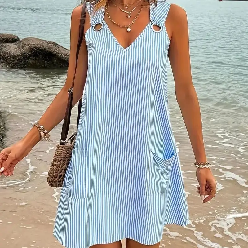 Plus Size Striped Dress: Sleeveless V-Neck Pocket Summer Women's Dress 7 kf Sb03ceebc29c44bd893c6c0259651dba2L