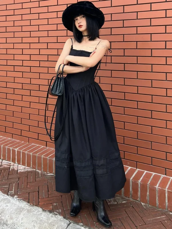 IAMSURE Casual Solid Lace Trim A-Line Long Dress Slim Slash Neck Sleeveless Maxi Dresses For Women 2023 Summer Fashion Ladies - Image 3