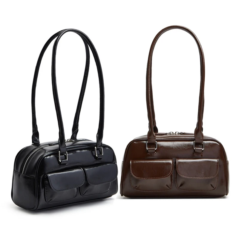 New women's bag fashion niche oil wax leather bowling bag multi-pocket armpit bag commuting handbag single shoulder bag
