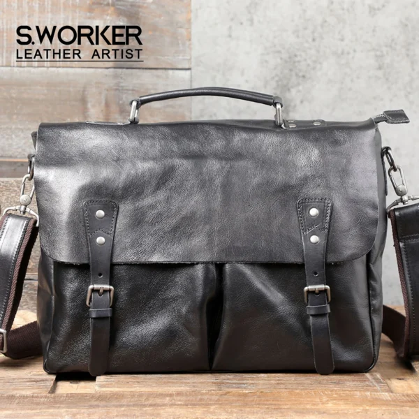 Genuine Leather Men's Brifecase 15 Inch Laptop Bags Simple Cowhide Messenger Bag Vegetable-tanned Leather Fashion Casual Style