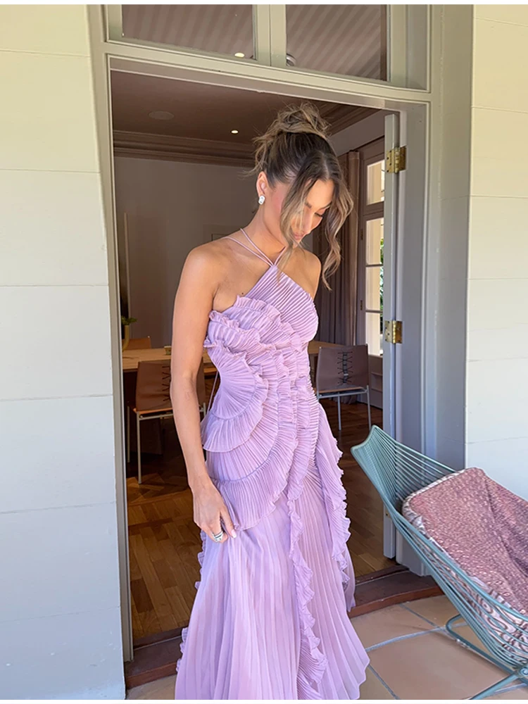 Pleated Halter Neck Maxi Dress: Purple Strapless Lotus Edge Vacation Gown 21 kf Sbdd59ee594e346238f06b865f68e8632b