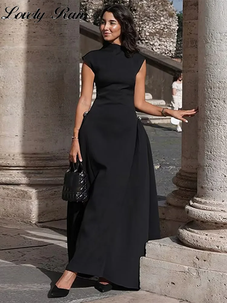 Elegant Black Long Dress Women Fashion High Collor Sleeveless Pleat Irregular Dresses 2025 Spring Summer Party Lady Evening Robe