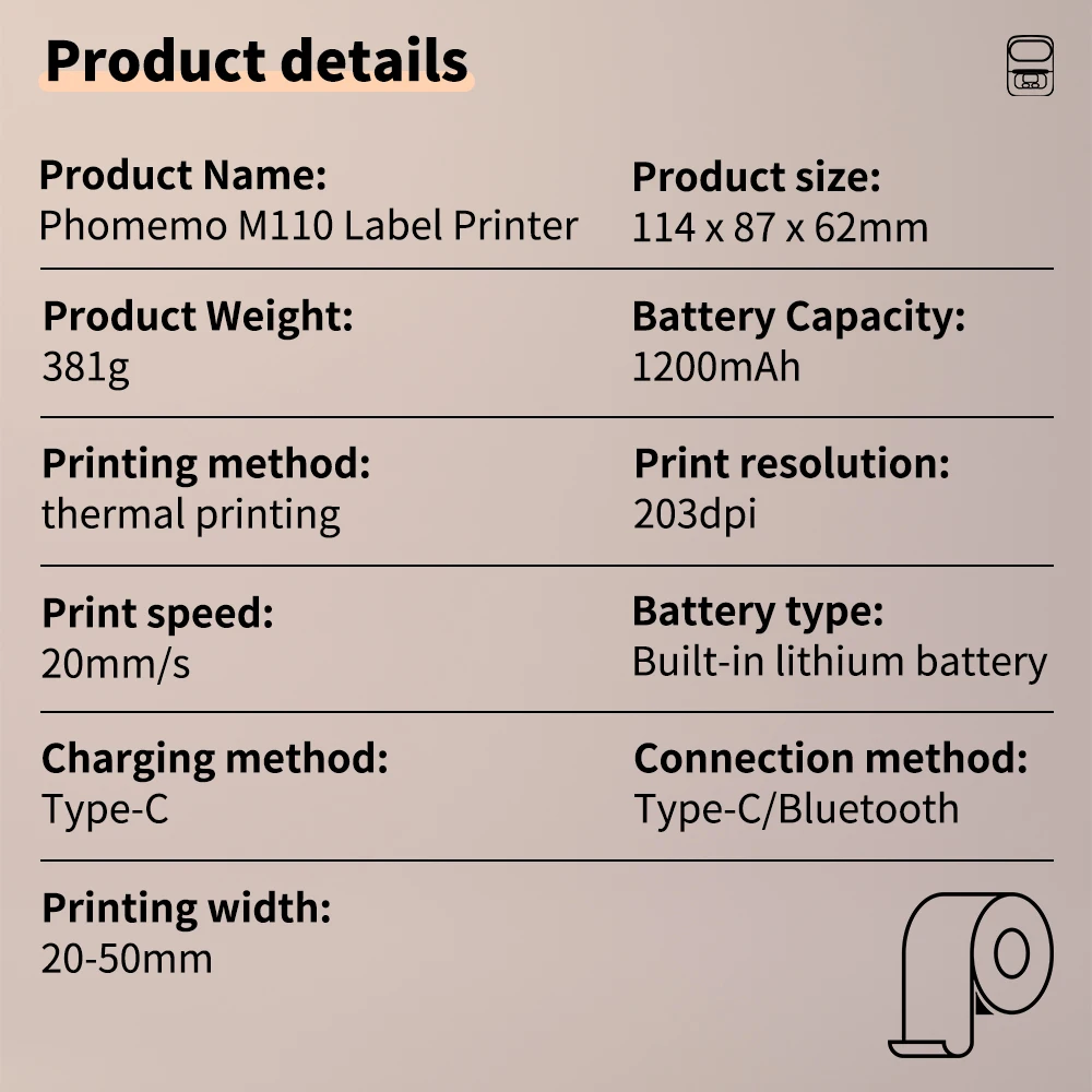 Phomemo M110 Mini Thermal Printer: Self-Adhesive Label Maker (Multi-Rolls) 19 kf Sbe45cc84494b4f7bb78c5d97320bbdb53