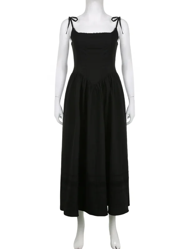 IAMSURE Casual Solid Lace Trim A-Line Long Dress Slim Slash Neck Sleeveless Maxi Dresses For Women 2023 Summer Fashion Ladies - Image 6