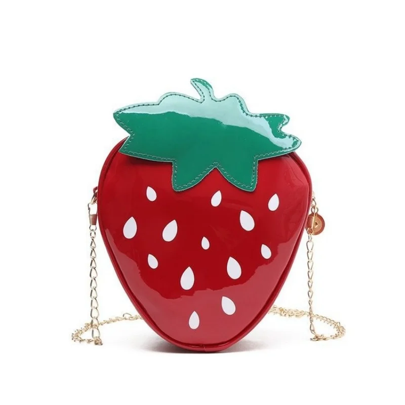 Women's Cute Patent Leather Summer Strawberry Shape Chain Bag Creative Fruit Girl Shoulder Crossbody Bag
