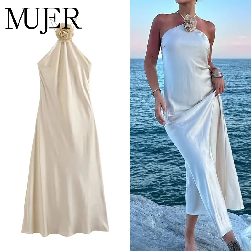MUJER Flower Satin Long Dress Women Off Shoulder Halter Backless Dress Woman Summer Elegant Party Dresses Sexy Evening Dresses