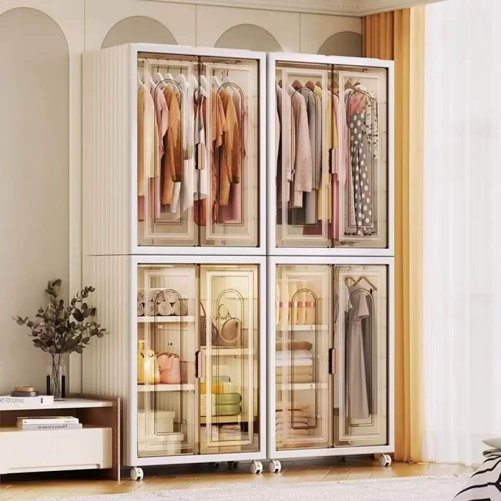 Simple Folding Storage Cabinets Portable Living Room Cabinet Wheel-type Large Capacity Storage Cabinet Stack-able Wardrobe