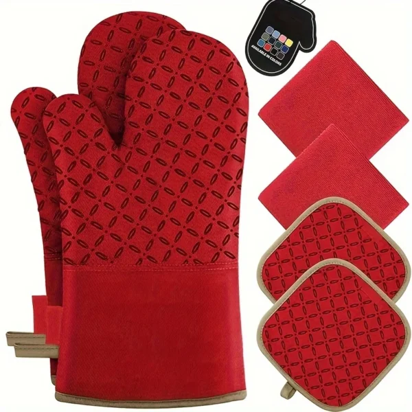 6PCS/SET Silicone Slip-Resistant Heat-Resistant Oven Mitts Thickened Checkered Kitchen Baking Gloves Indoor Use Burn-Proof - Image 5