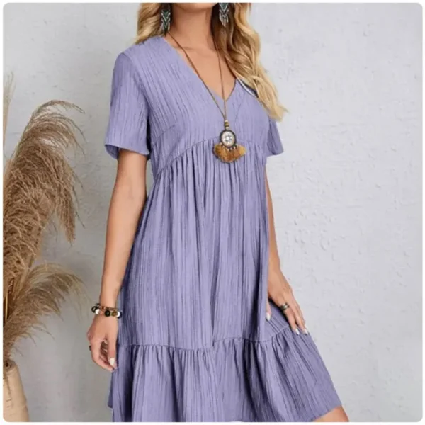Women Summer Peplum Dresses Spring V-Neck Short Sleeve Loose Waist Ruffle Fit Flare Vocation Dresses - Image 4