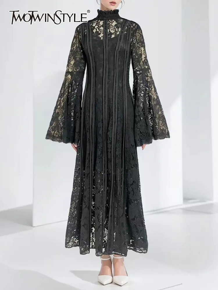 TWOTWINSTYLE Patchwork Lace Slimming Dresses For Women Stand Collar Flare Sleeve High Waist Solid Elegant Dress Female Fashion