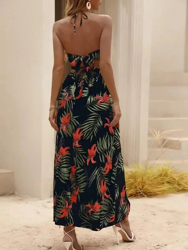 Elegant Bohemian Printed Dress: Sexy Bareback Bow Split Beach Party Wear 22 kf Sc87fea90da3d458abd88b74c7411b8f0U