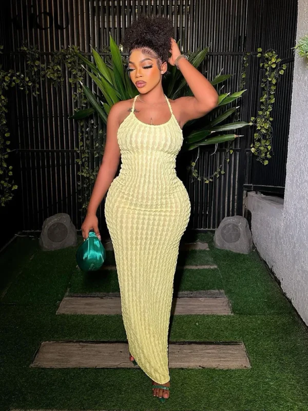 Kliou Solid Ruched Spaghetti Strap Bandage Maxi Dress Women Casual Sleeveless Backless Bodycon Ladies Party Streetwear Dresses - Image 3