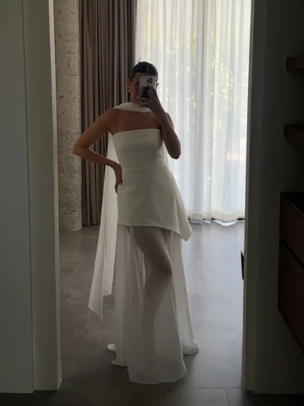 White Mesh Scarf Neck Strapless Long Dress Fashion Off Shoulder Sleeveless High Waist Slim Split Robe Lady Party Beach Gown 2025 - Image 2