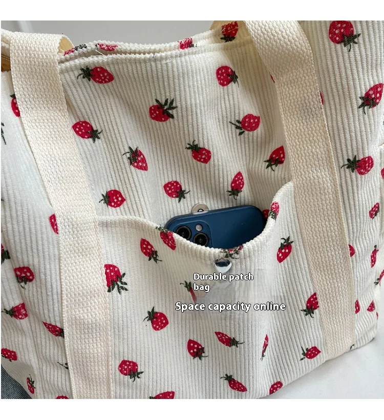 Strawberries Corduroy Handbag: Sweet Versatile Shoulder Tote Bag 8 kf Scd09fca4258247099f1c079c59d96440b