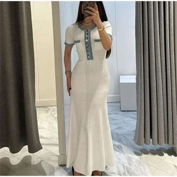 Elegant Contrasting Women Knit Maxi Dress Chic O-neck Short Sleeve Metal Buttons Bodycon Dresses Office Lady Commuting Robe - Image 5